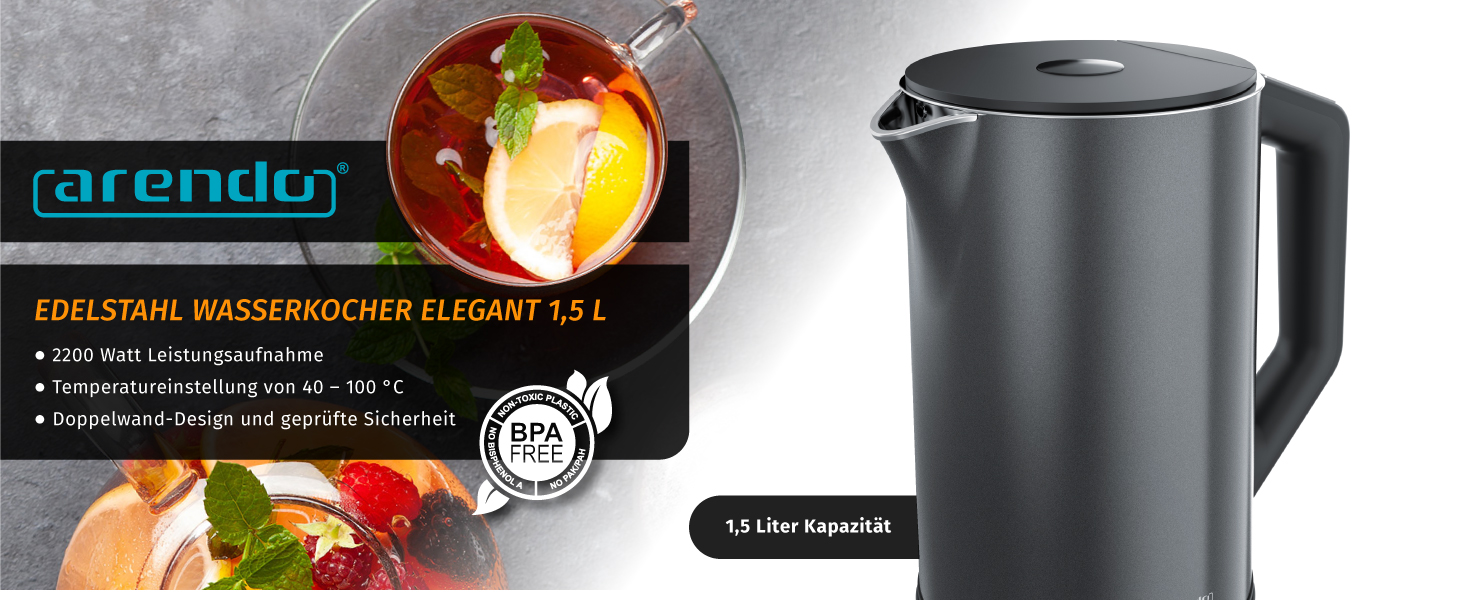Електрочайник Arendo ELEGANT 1,5 л, нержавіюча сталь, регулювання температури 40-100°C, подвійні стінки, 2200 Вт, чорний, індикатор температури