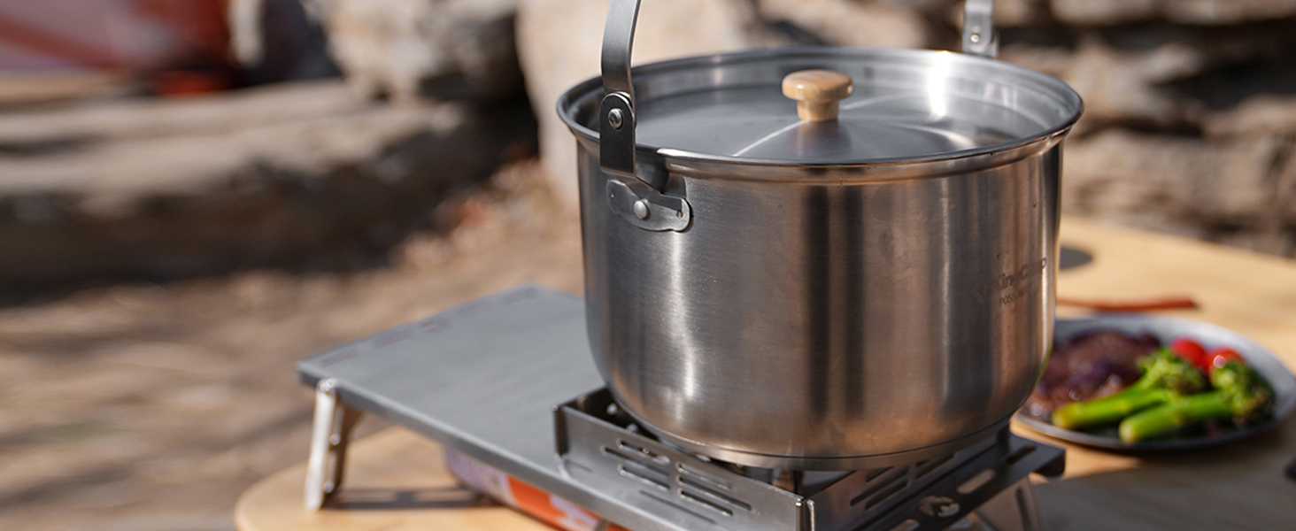 Набір посуду для кемпінгу KingCamp з кошиком, нержавіюча сталь, антипригарне покриття, 4-х частинний набір + чайник