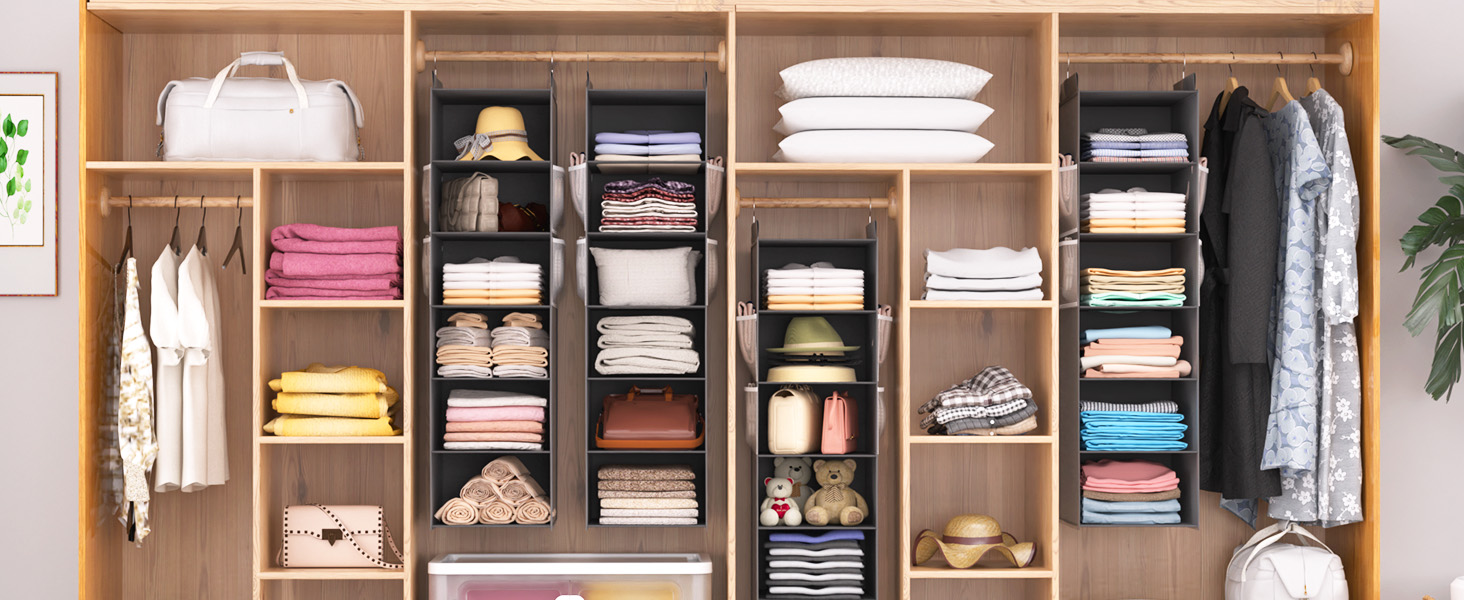 Організатор для шафи Extra Tief – 4 кишеньки з сітки, органайзер для шафи, настінний органайзер, стабільний та економний, ідеальний для гуртожитку та автодому (Сірий, 6-ярусний)