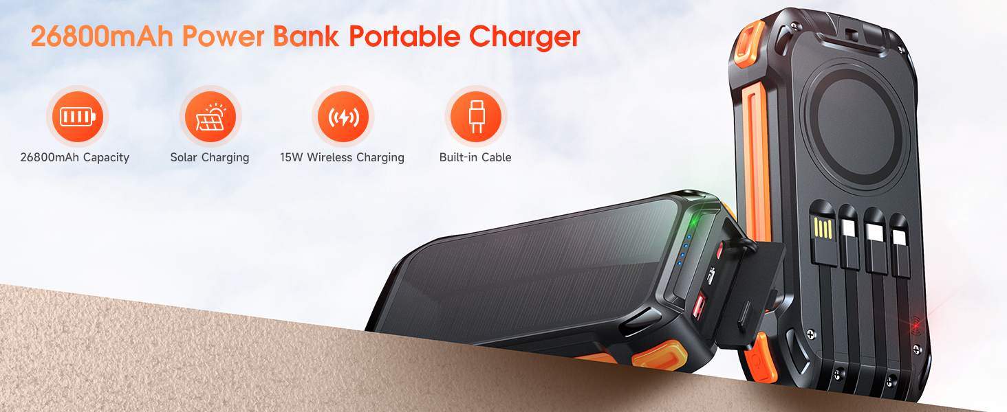 Портативний акумулятор 26800mAh з 4 кабелями: 30W USB-C, швидка зарядка, 7 виходів, SOS ліхтарик, для телефонів та планшетів (Чорний)