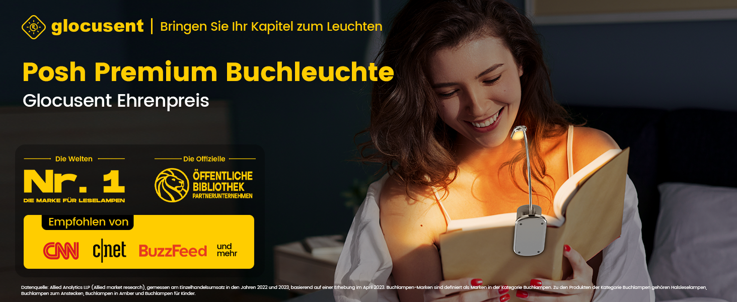 Glocusent Posh Premium Лампа для читання з кріпленням на книгу та таймером, 16 LED, акумулятор, час роботи 160 годин, 1800K, м'яке світло, 3 кольори та 5 рівнів яскравості, ідеально для читачів