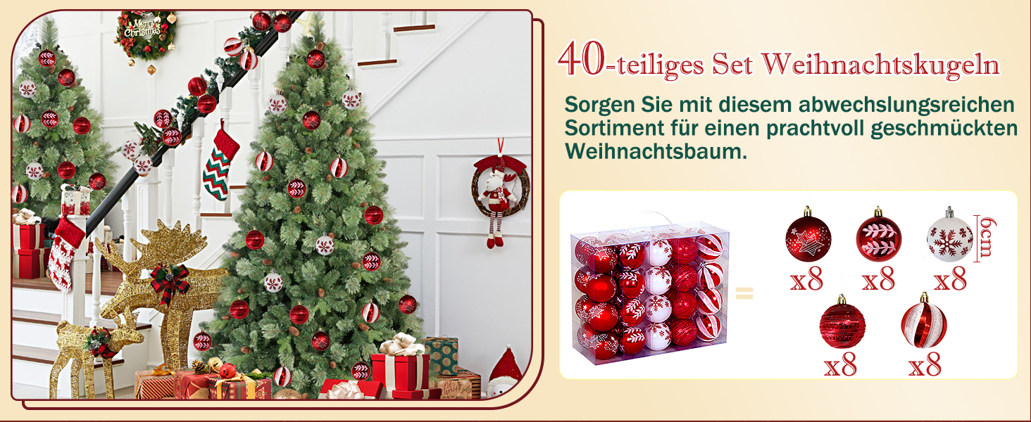 Набір прикрас на ялинку 40 шт. червоно-білі, 6 см, пластикові, з підвісками, небрудні, різноманітні поверхні та візерунки, для внутрішнього та зовнішнього використання