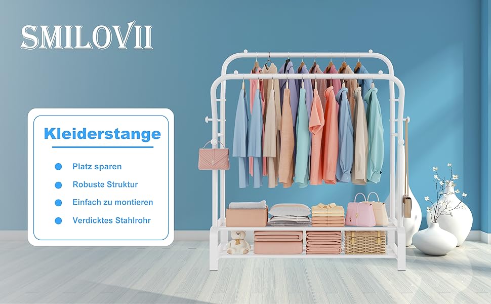 Вішалка для одягу металева подвійна з гачками та полицею для взуття, біла - Stabil