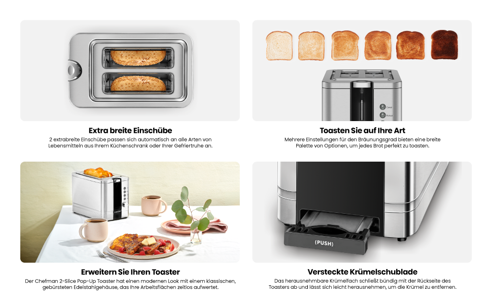 Тостер Chefman з 2-ма відділеннями, 7 ступенів підсмажування, знімний піддон для крихт, для товстого хліба та багелів, функція розморожування та відміни, ідеальний як тостер-гриль (з нержавіючої сталі)