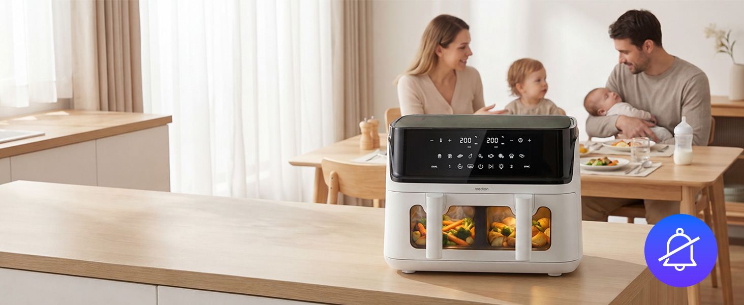 Аерофритюрниця з двома камерами MEDION P25 XXL Flex M, 10.8 л, без PFAS, біла