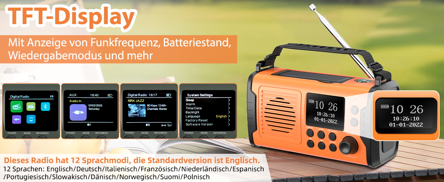 Радіо з ручним приводом DAB FM, 20000mAh, Радіо для надзвичайних ситуацій з сонячною панеллю, Bluetooth, годинник, зарядний пристрій для телефону, ліхтарик, компас SOS, радіо виживання (Помаранчевий)