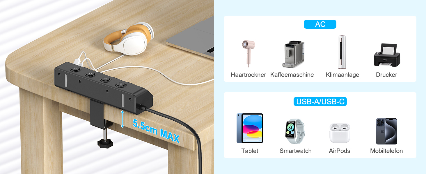 Мережевий адаптер PD 20W з плоским штеплером, розетка FDTEK 4-портова з індивідуальним вимикачем, 4000W, 16A, USB-C, розетка для столу з вимикачем, настільна розетка з кріпленням на стіну, кабель 2м (Чорний з кріпильною пластиною)