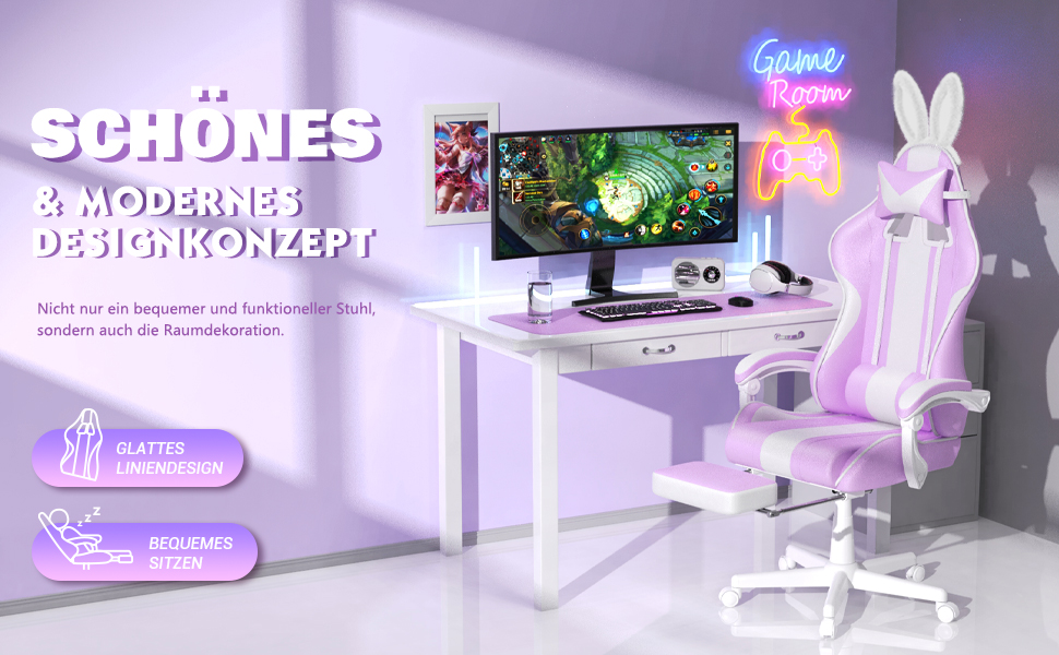 Ergonomic Gaming Chair with Footrest - Racing Style PC Gaming Chair with Headrest, Lumbar Support & Bunny Ears (Violet)