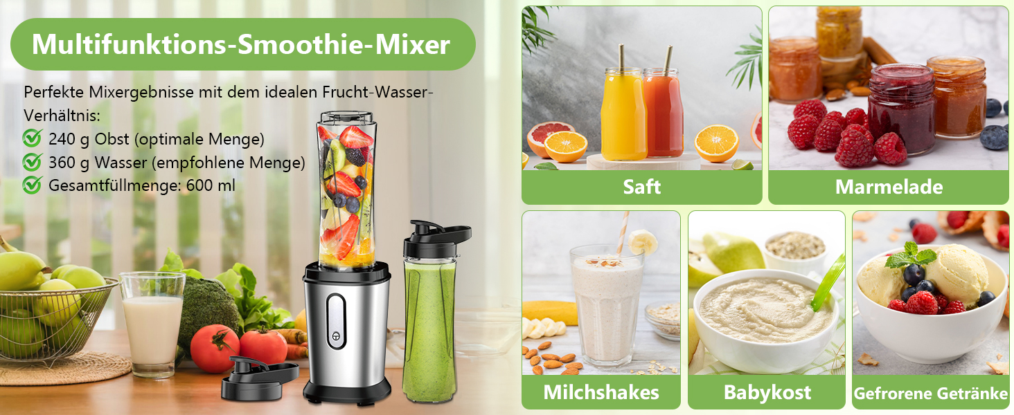 Міні-блендер Standmixer 500W з 2 пляшками Tritan, 4-лопатевий, для шейків та смузі, з нержавіючої сталі, портативний