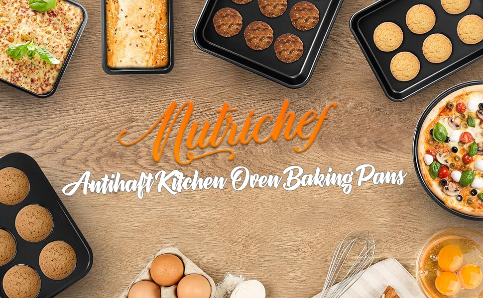 Набір форм для випічки NutriChef 6 шт. – Чорний антипригарний набір: дека, форми для запікання та кексів. Підходить для хліба, маффінів та лазаньї. Миється в посудомийній машині, витримує до 230°C, зручне зберігання.