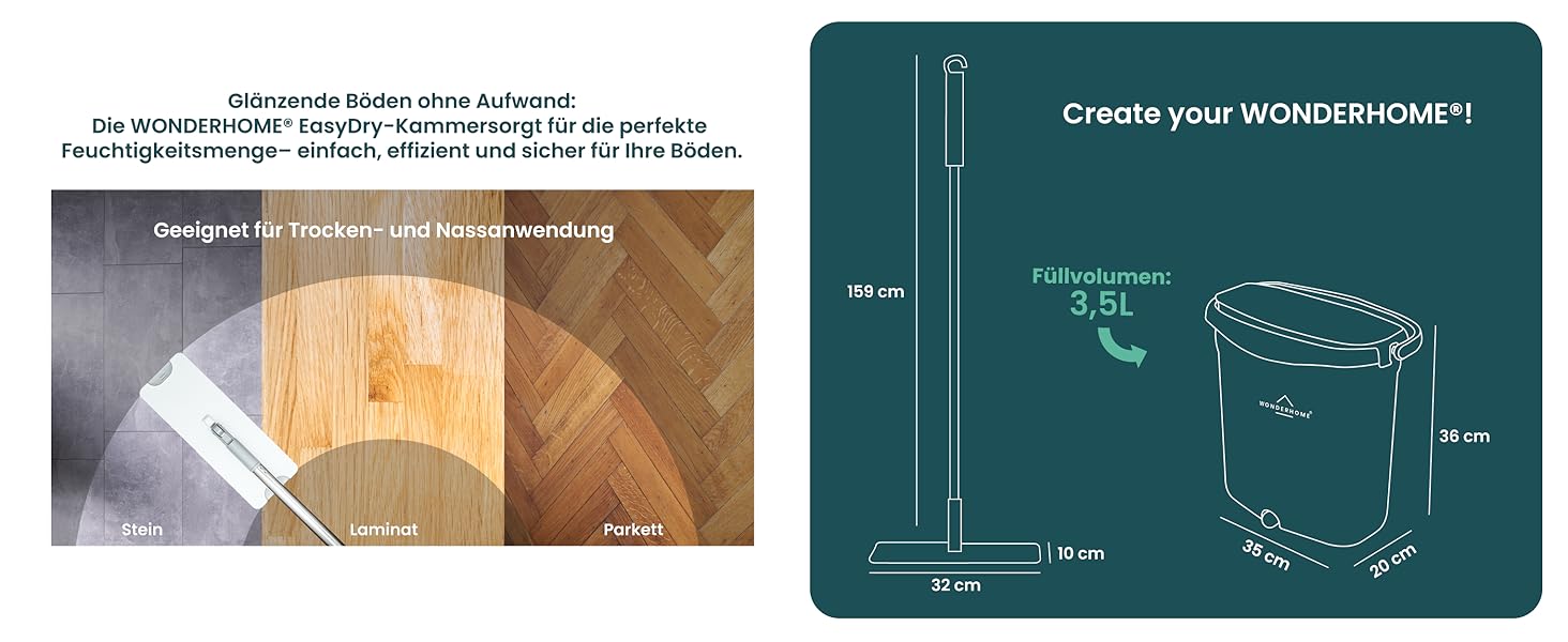 Набір для прибирання підлоги WONDERHOME TripleClean Hydro: відро з 3 камерами, розділення чистої і брудної води, моп із віджимом, класична модель з подовженою 140 см ручкою