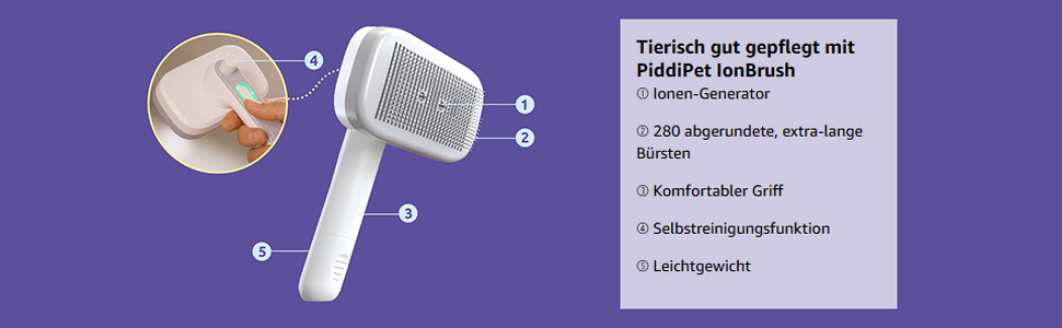 PiddiPet Іонна щітка для грумінгу тварин - електрична щітка для собак та котів, проти ковтунів та підшерстка, зменшує статичну електрику та випадання шерсті, м'яка, самоочисна, для чутливої шкіри