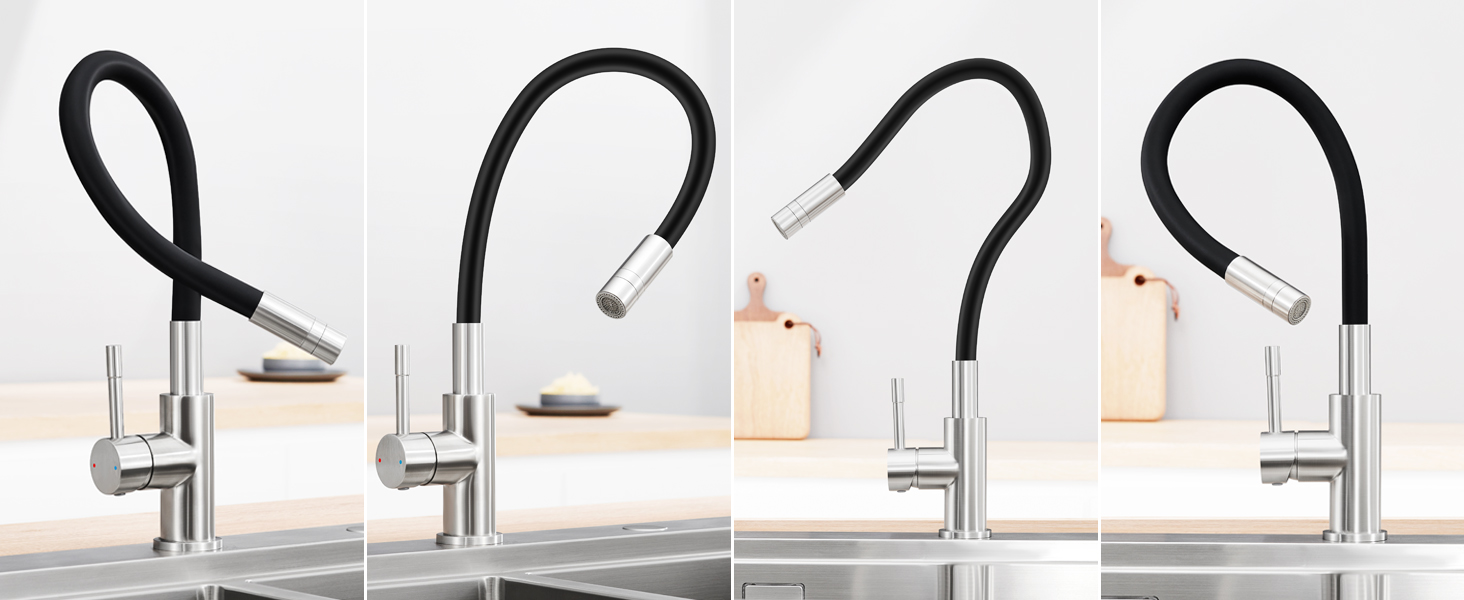 Чорний кухонний змішувач з гнучким виливом, 360° обертання, 2 режими струменя, нержавіюча сталь