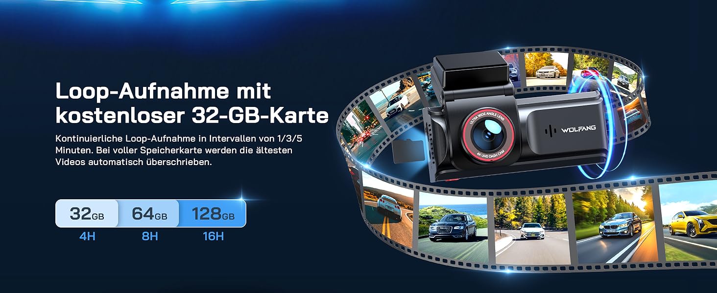 Автомобільний відеореєстратор WOLFANG 4K з WiFi, передня та задня камери, 3