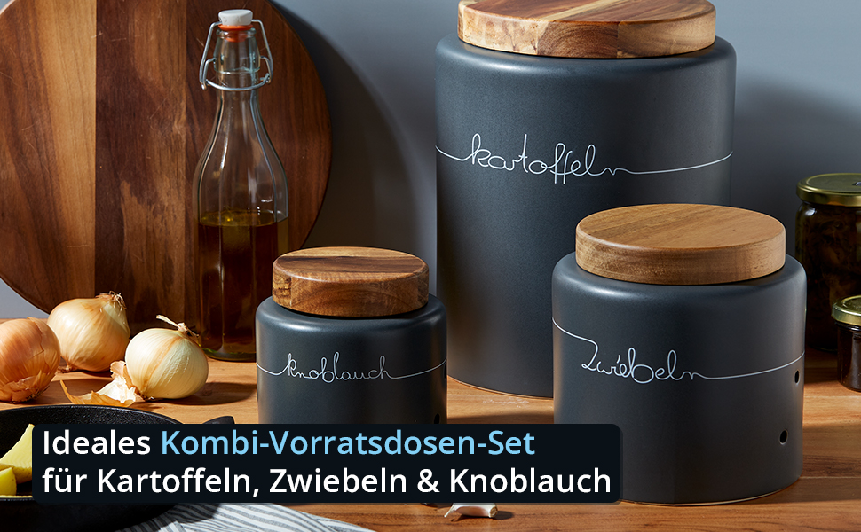 Набір контейнерів для зберігання KHG для кухні антрацитово-сірого кольору з дерев'яною кришкою, контейнери для продуктів з кераміки, стеінгуту, поліровані, з маркуванням, набір органайзерів для кухні, без пластику та світлонепроникні (набір для картоплі, цибулі, часнику)