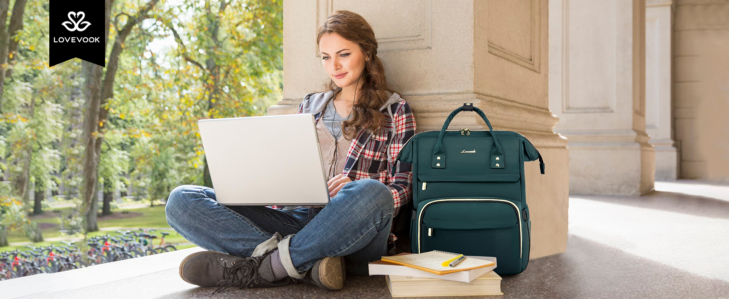 Рюкзак LOVEVOOK для жінок: водонепроникний, з USB-портом, 17' (15.6'), для навчання, роботи, подорожей, сірий/темно-зелений