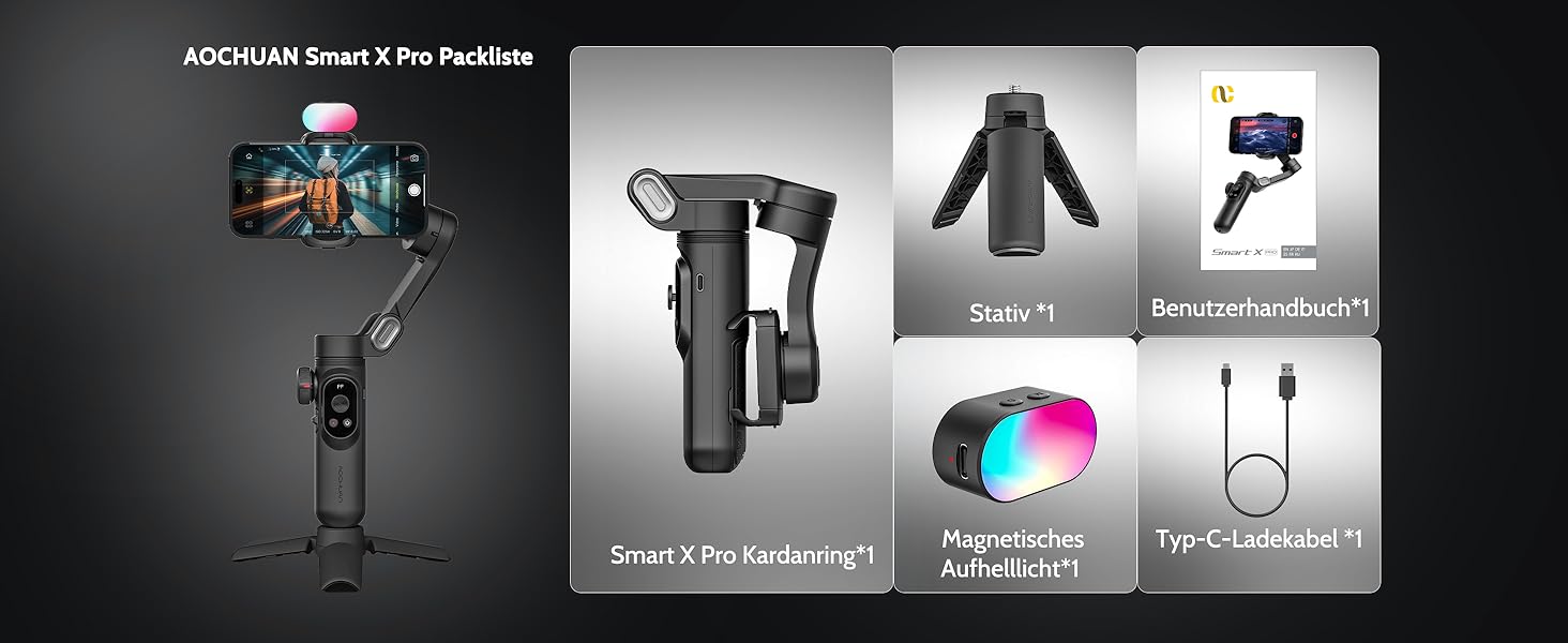 Стабілізатор для смартфона AOCHUAN Smart X Pro Kit: 3-осьовий гiмбал з RGB-фiллером, трекер обличчя, для iPhone/Android, чорний