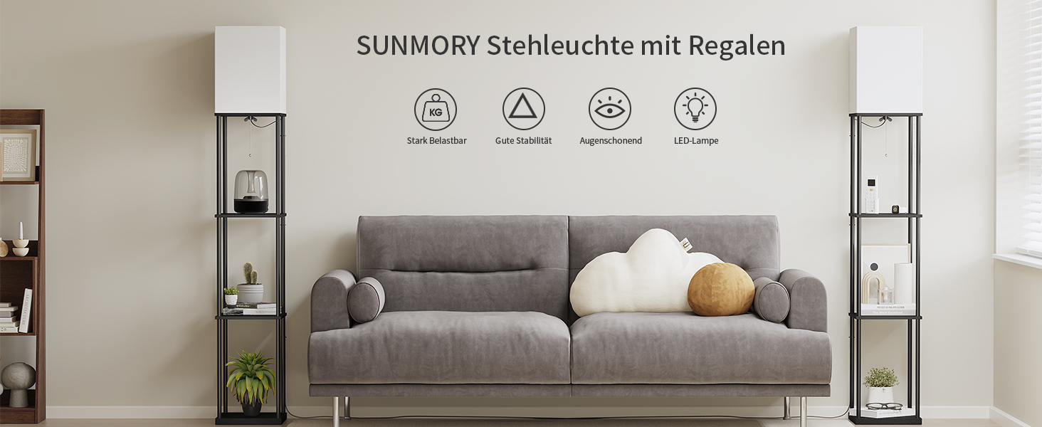 Підлогова лампа SUNMORY з полицею, регульоване освітлення, 3 кольори світла, для вітальні, спальні, кабінету та офісу, чорна