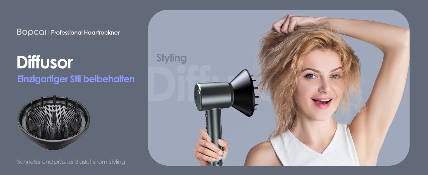 Іонізатор волосся Bopcal, 160000 об/хв, 500 млн іонів, з насадкою-дифузором, професійний фен для дому, салону, подорожей, 12 режимів, чорний