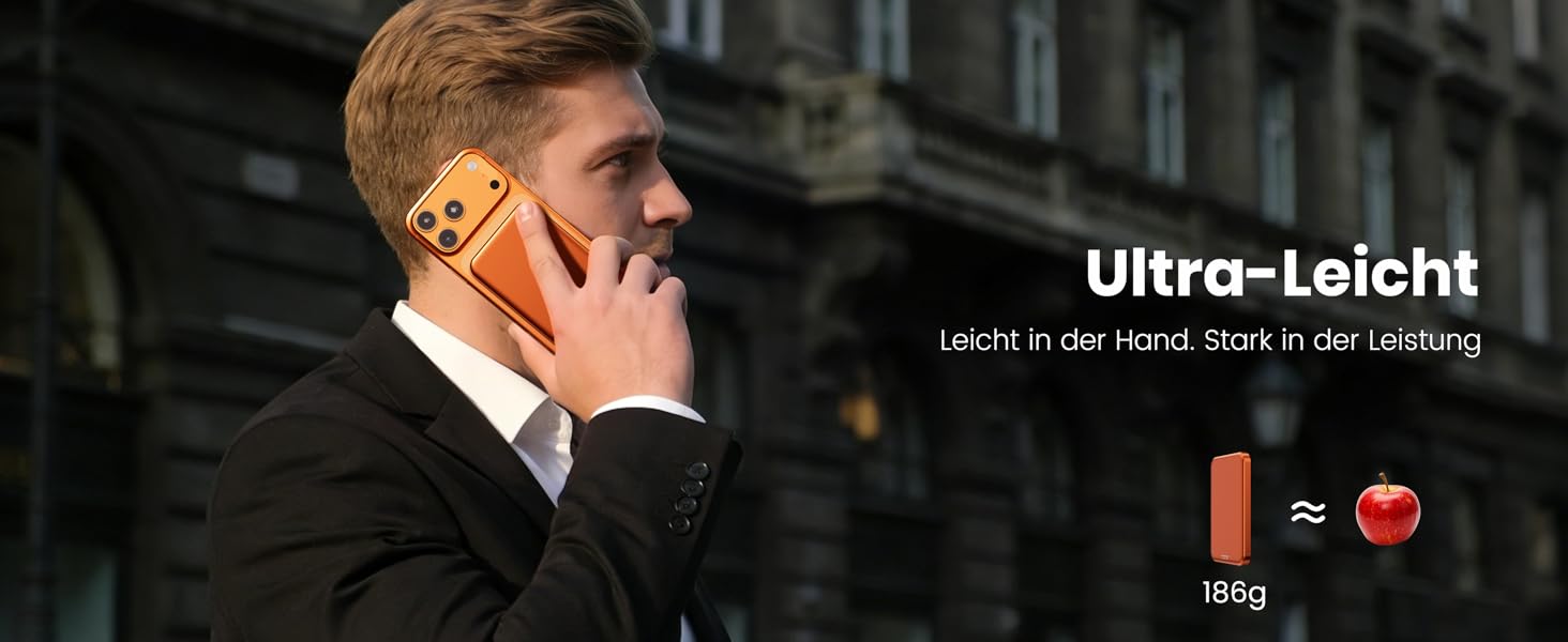 Power Bank 10000 mAh з магнітом, ультратонкий титановий корпус (14 мм), PD 20W, бездротова зарядка USB-C для iPhone 15/16/17 та Apple Watch (Оранжевий)