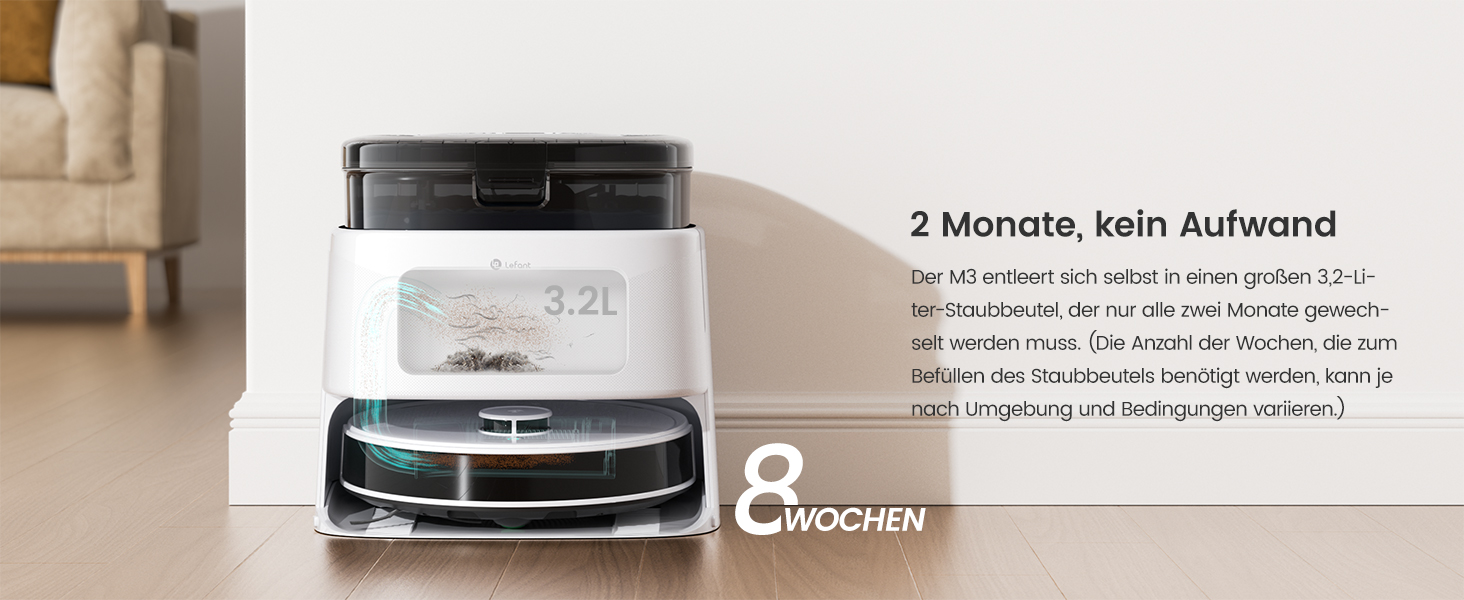 Робот-пилосос LEFANT M3 Gen2 з функцією миття підлоги, 12000Pa, LiDAR-навігація, керування через додаток/Alexa/iWatch