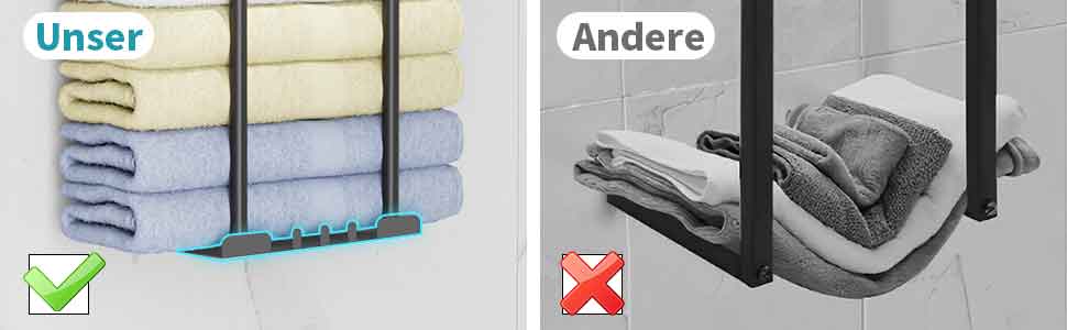 Тримач для рушників без свердління, чорний, з 6 гачками та полицею для ванної кімнати та кухні