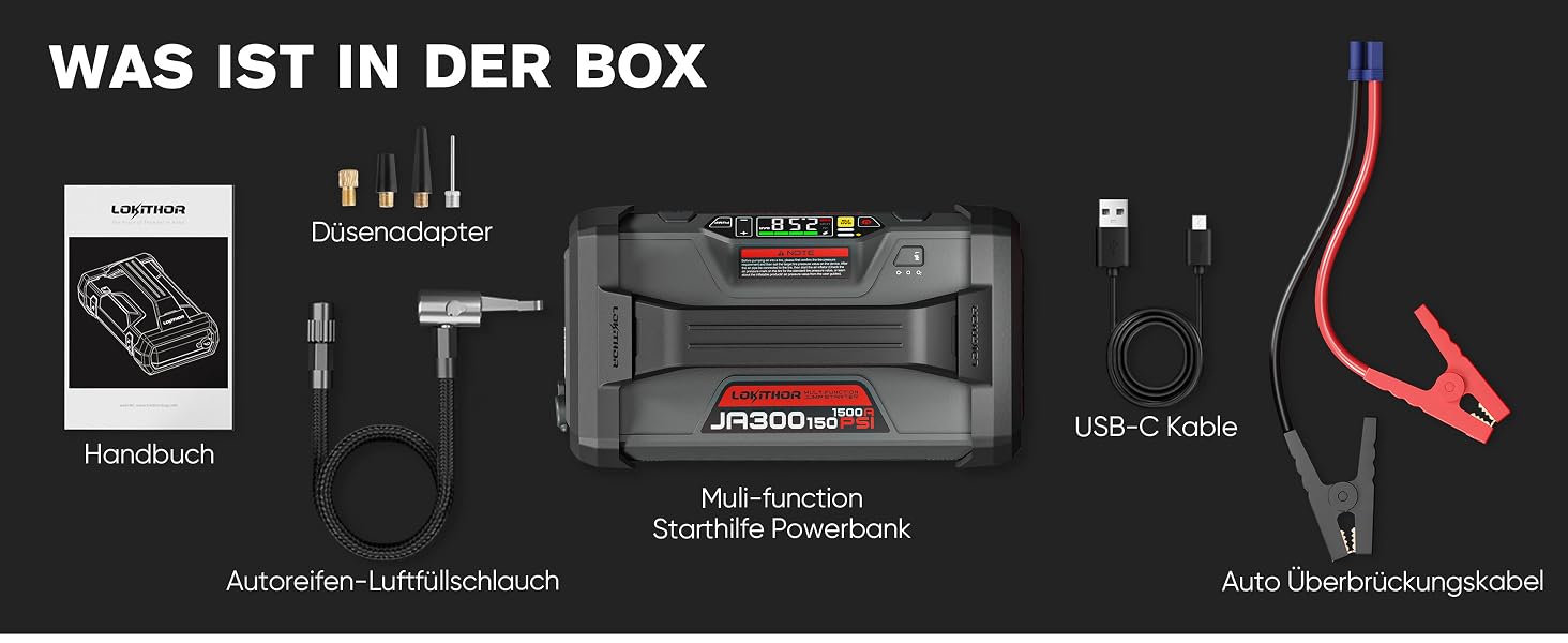 Бустер-стартер LOKITHOR JA300 з компресором 150 PSI та Powerbank 1500A для автомобіля