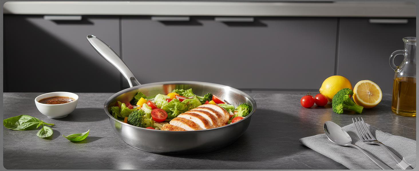 Сковорода з нержавіючої сталі 30 см Titan, з кришкою, для індукційних плит, 18/10, підходить для духовки та посудомийної машини