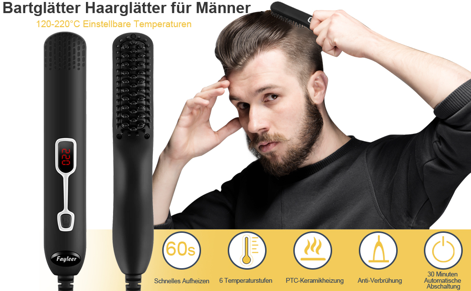 Випрямляч для бороди Fayleer C301: професійний інструмент для ідеальної форми бороди, 6 температур, LCD-дисплей
