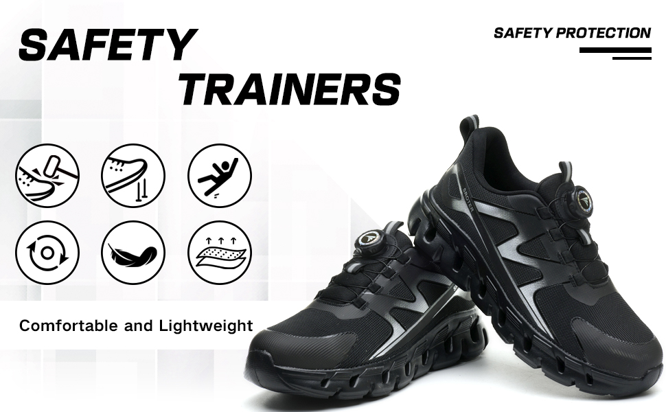 Черевики безпеки унісекс, легкі, спортивні, дихаючі, шнурки/крутильний замок, сталевий підносок, антиковзаючі, 43 EU, чорні