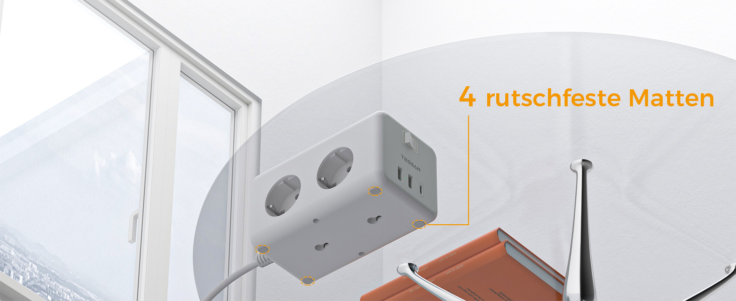 Мережевий фільтр TESSAN 6-fach з USB-C, 9 в 1 з вимикачем, 2 метри кабелю для дому та офісу