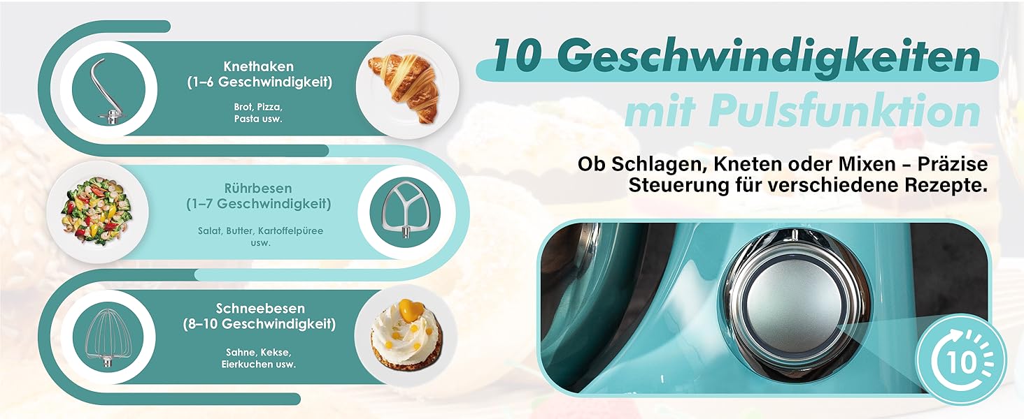 Кухонна машина Küchenmaster 6L, 1300W, з набором насадок (міксер, гак для тіста, вінчик), темно-зелений/синій