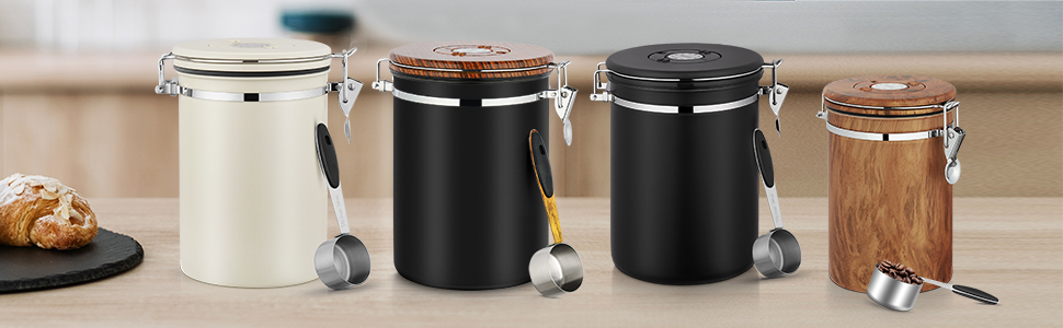 Каньора для кави 1 кг, нержавіюча сталь з дерев'яним декором, вакуумна каністра з CO2-клапаном, мірна ложка та індикатор дати, для кави, горіхів, какао