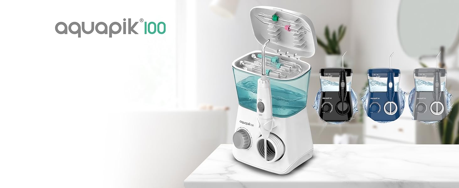 Іригатор для порожнини рота Munddusche Aquapik 100 – рекомендований стоматологами пристрій для видалення нальоту з 8 насадками, 10 рівнями тиску, баком 600 мл, поворотним 360° наконечником, шлангом 100 см, ідеальний для імплантів та ортодонтії, білий