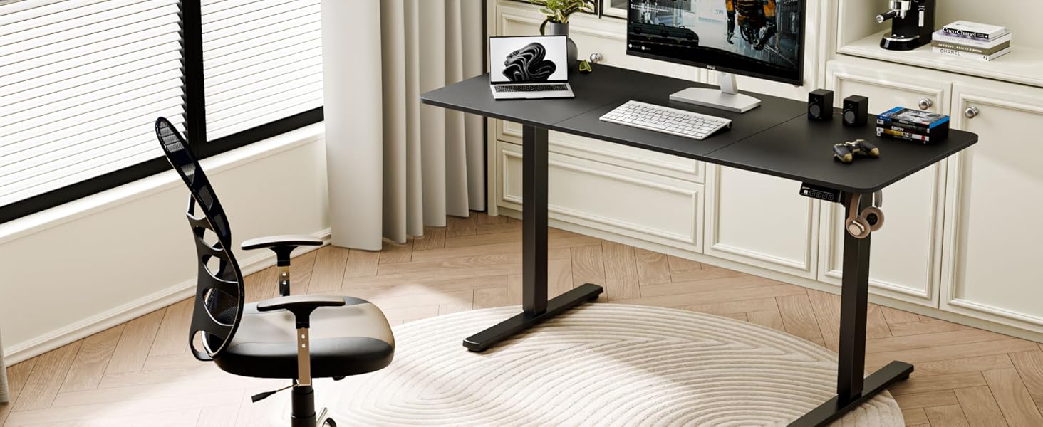 Ergonomaker Electric Height Adjustable Desk - Small Standing Desk with 2-Section Tabletop - Home Office Desk (White Frame + Oak Tabletop) - 140 x 60 cm