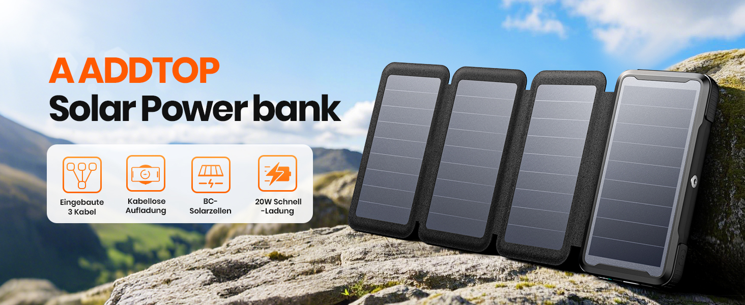 Портативний зарядний акумулятор A ADDTOP Solar 25000mAh з сонячною панеллю та 3 кабелями - 20W швидка зарядка, USB-C, для кемпінгу та подорожей (Чорний)