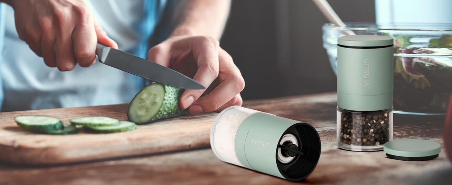 Набір з 2 мельниць для солі та перцю Vinsun - ручні, з регульованим керамічним жорном, нержавіюча сталь, ø51x100mm