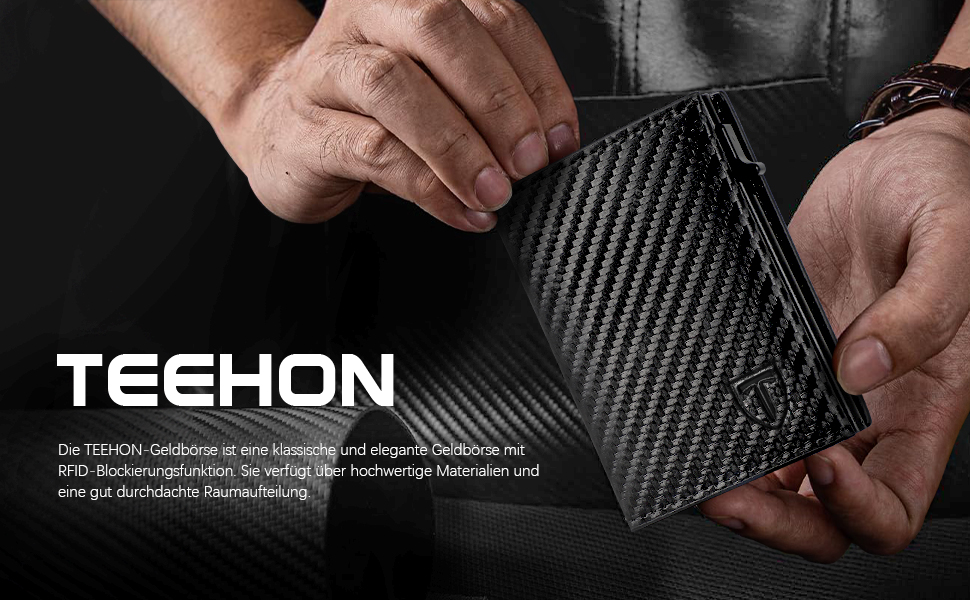 Чоловічий гаманець Portmonee з RFID захистом, Slim Wallet, 10 відділень для карток, з відділенням для монет, з карбону, чорний