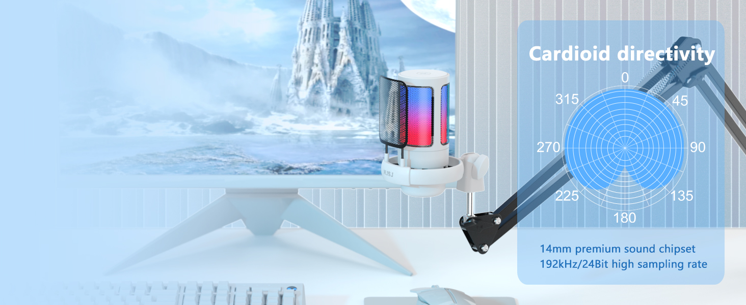 Мікрофон для ПК NJSJ Gaming з тримачем, USB для MAC PS4 PS5, з кнопкою вимкнення звуку, навушниками, поп-фільтром, конденсаторний кардіоїдний для подкастів та стрімінгу (білий)