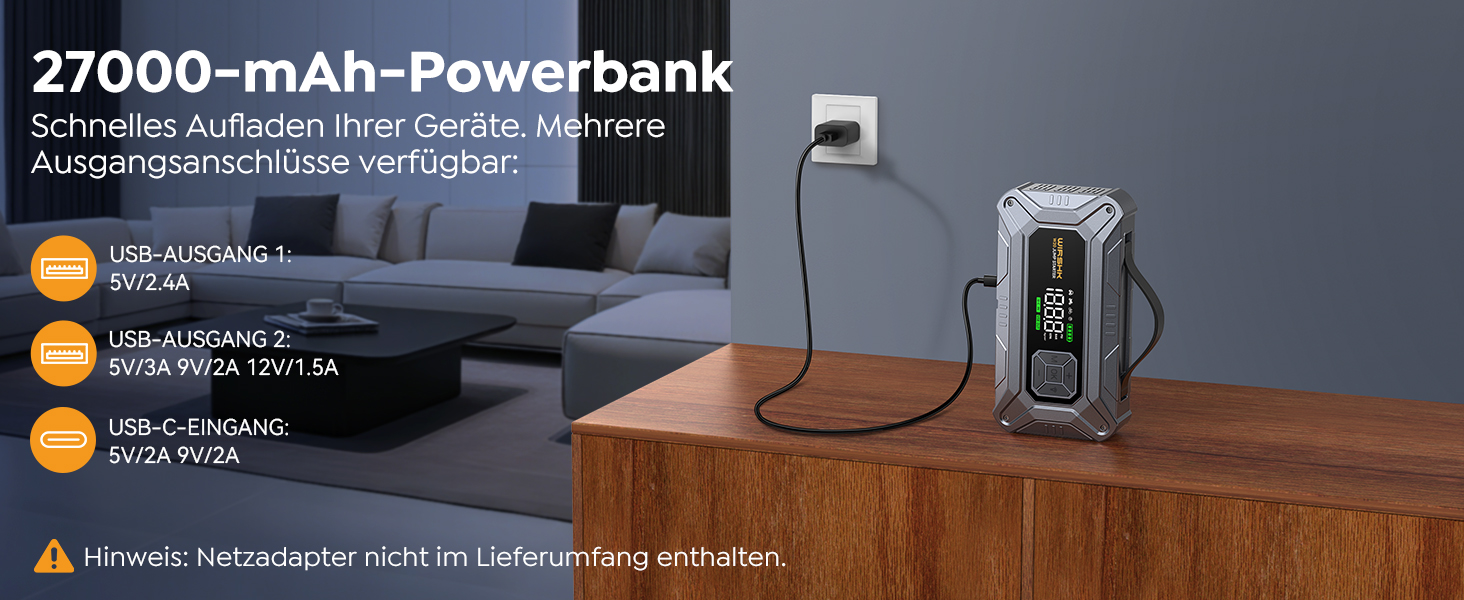 Портативний пусковий пристрій 8000A з повітряним компресором 160 PSI для бензинових та дизельних двигунів (до 10 л), з дисплеєм та аварійною світлодіодною лампою