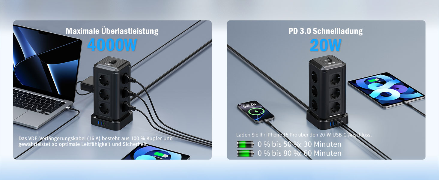 Мережевий фільтр TOPREK у вигляді вежі, подовжувач на 12 розеток з USB-C PD 20W, захист від перенапруги, 3680Вт, чорний