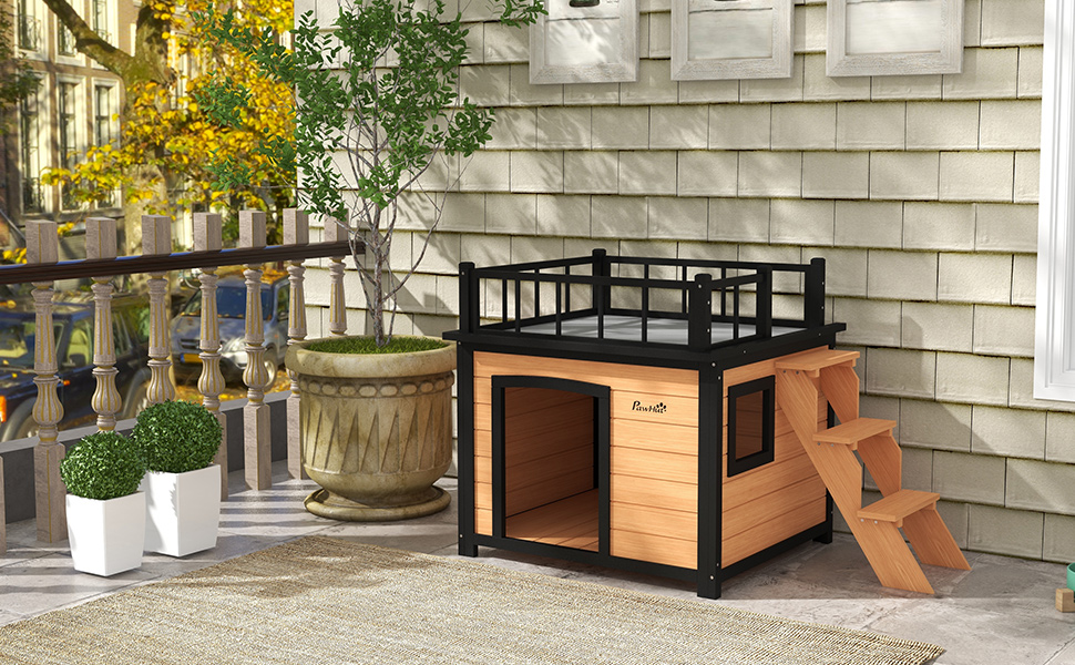 Павгут Будинок для собак з балконом, піднятий будиночок для дрібних тварин з сходами, вікно, печеринка для собак, для маленьких та середніх собак, сосна, жовтий, 121 x 77 x 78 см