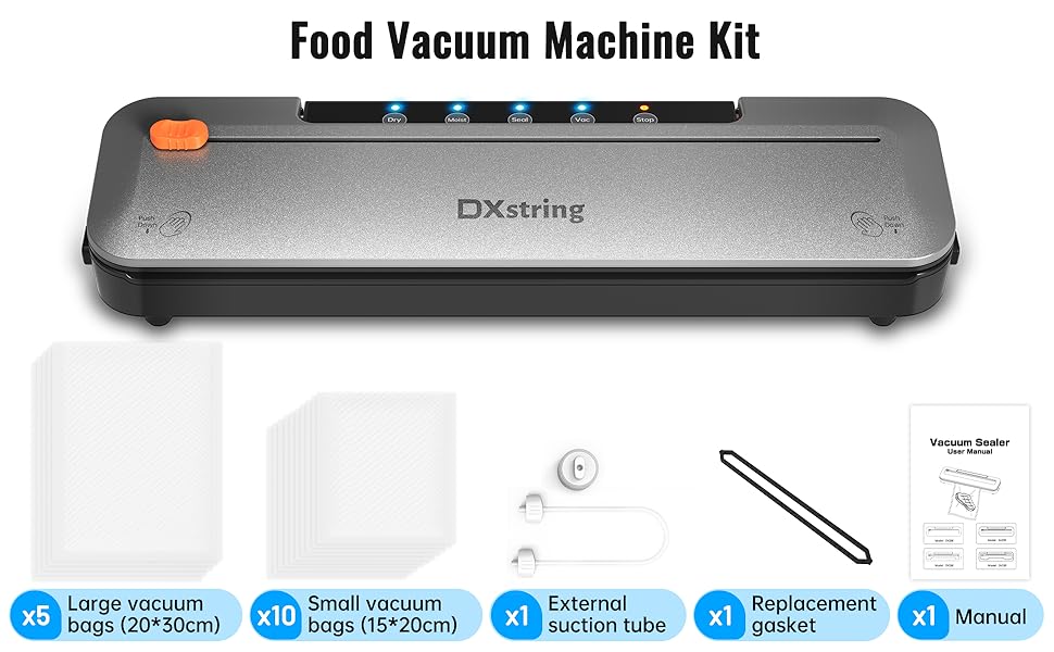 Вакуумний пакувальник DXstring для продуктів харчування, 75kPa, з 15 пакетами, автоматичний, з ріжучим пристроєм