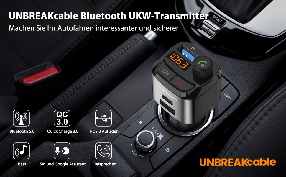 Bluetooth FM-трансмітер UNBREAKcable для авто, адаптер з зарядкою PD3.0 і QC3.0, підсилювач басів, гучний зв'язок, підтримка Siri та Google Assistant