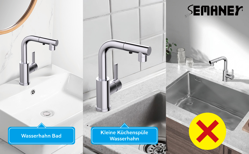 Кухонний змішувач SEAMENEY з висувною лійкою, поворотний 360°, з донним клапаном, хром, 3 режими, для кухні