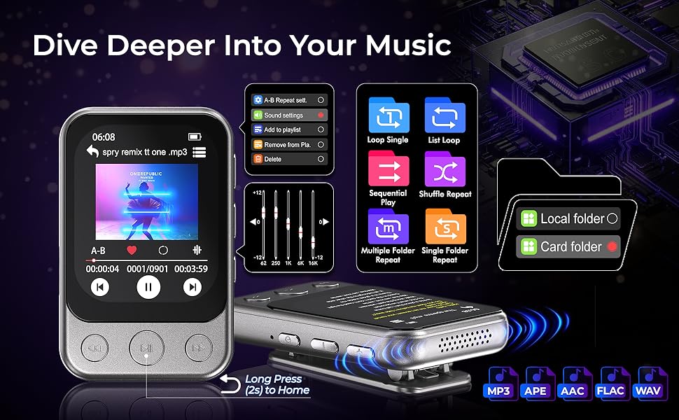 MP3-плеєр 64GB Bluetooth 5.3 з кліпсою та динаміком, спортивний музичний плеєр з сенсорним екраном та кнопками, регулятор гучності, FM-радіо, запис голосу, розширюється до 128GB, чорно-коричневий