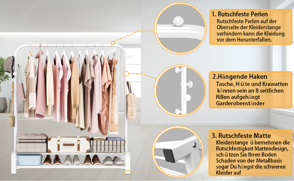 Clothes Rack, Coat Rack Stable Clothes Rod with 6 Hooks and 2 Shoe Shelf Storage Shelf, Bedroom Clothes Rack Freestanding Clothes Rail, (White)
