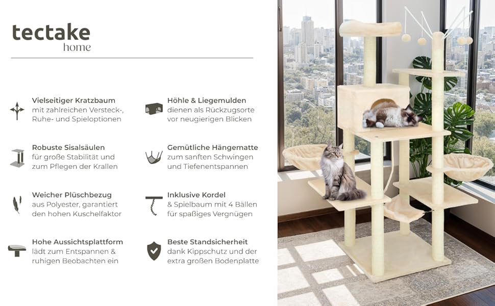 Тектейк® Крізьоверх XXL для котів, великий, з аксесуарами: лежанки, гамак, будиночок, іграшки, мотузка з сизалю, ствол для дряпання, котячий комплекс, котячий дряпкач, висота приблизно 165 см - сірий (Бежевий | № 402932)
