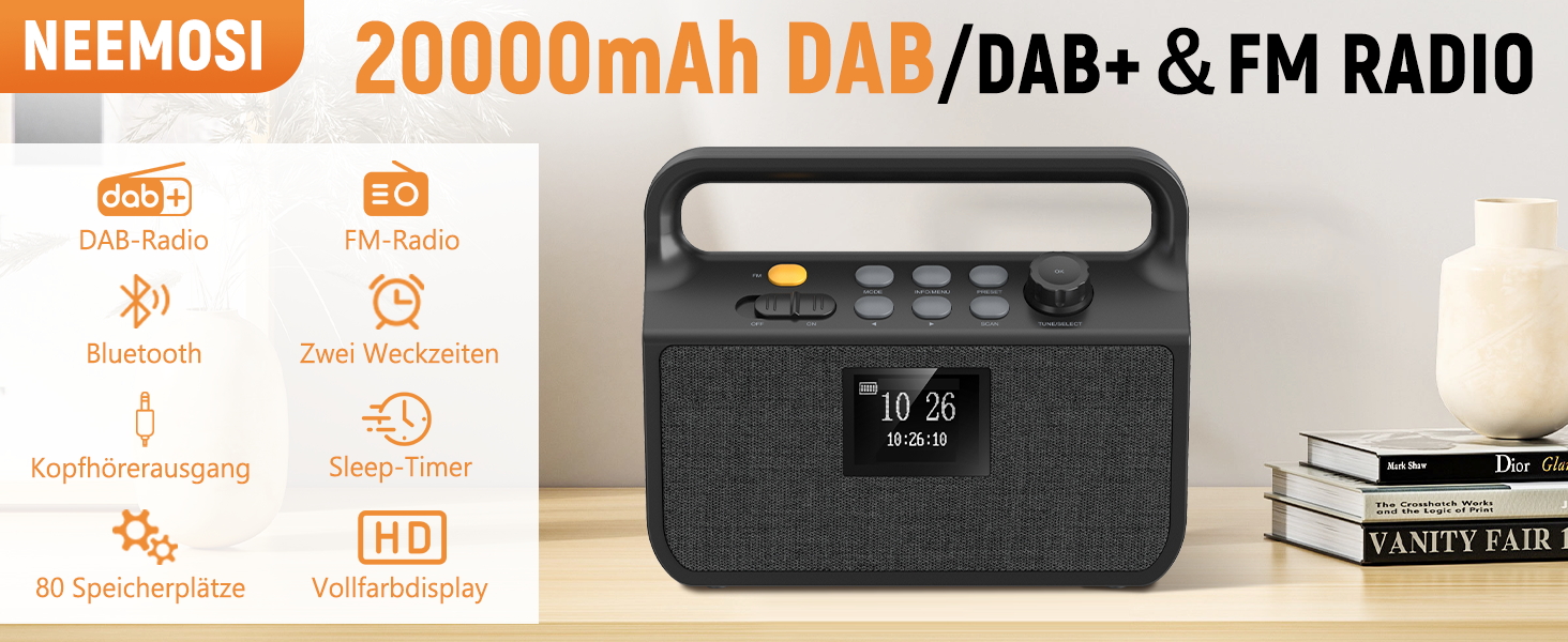 Портативний Bluetooth радіоприймач з DAB/FM, потужний Power Bank 20000mAh, TFT-екраном, TF-картою та AUX — універсальне аварійне радіо для кемпінгу та відпочинку на природі