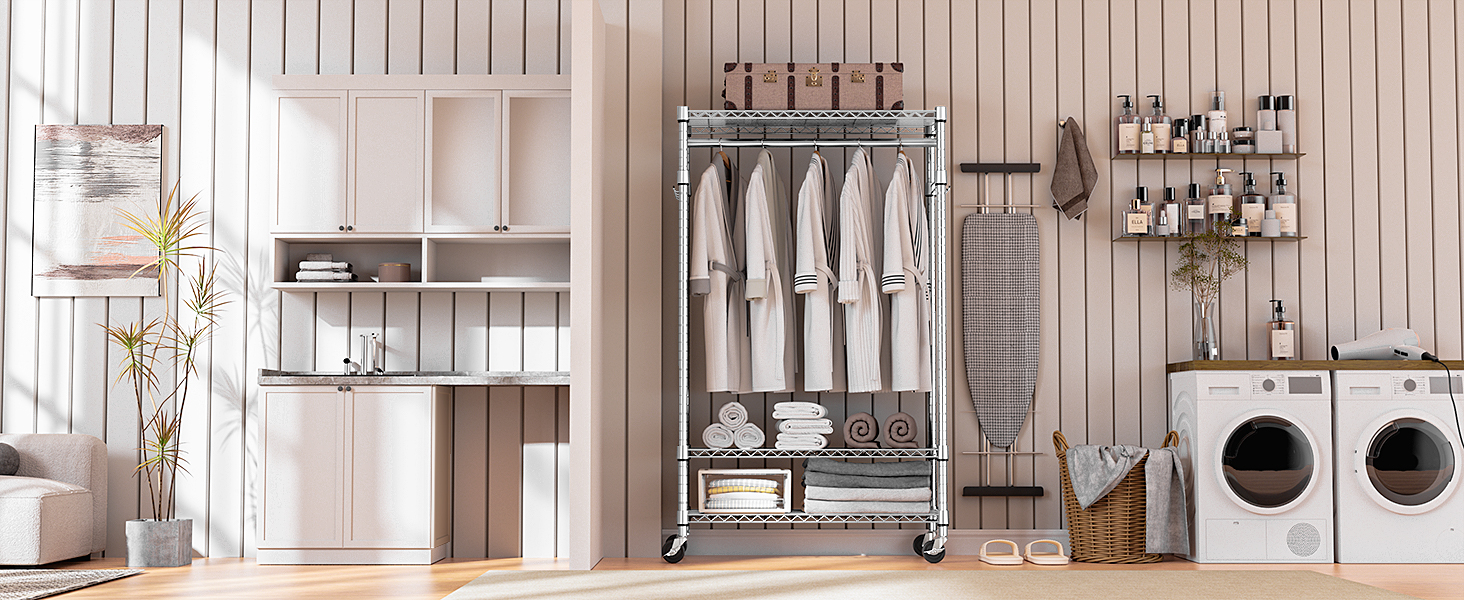 Міцний мобільний вішак для одягу з 3 рівнями, регульовані полиці, 2 штанги та гачки - 40x75x189.3 см (хром)